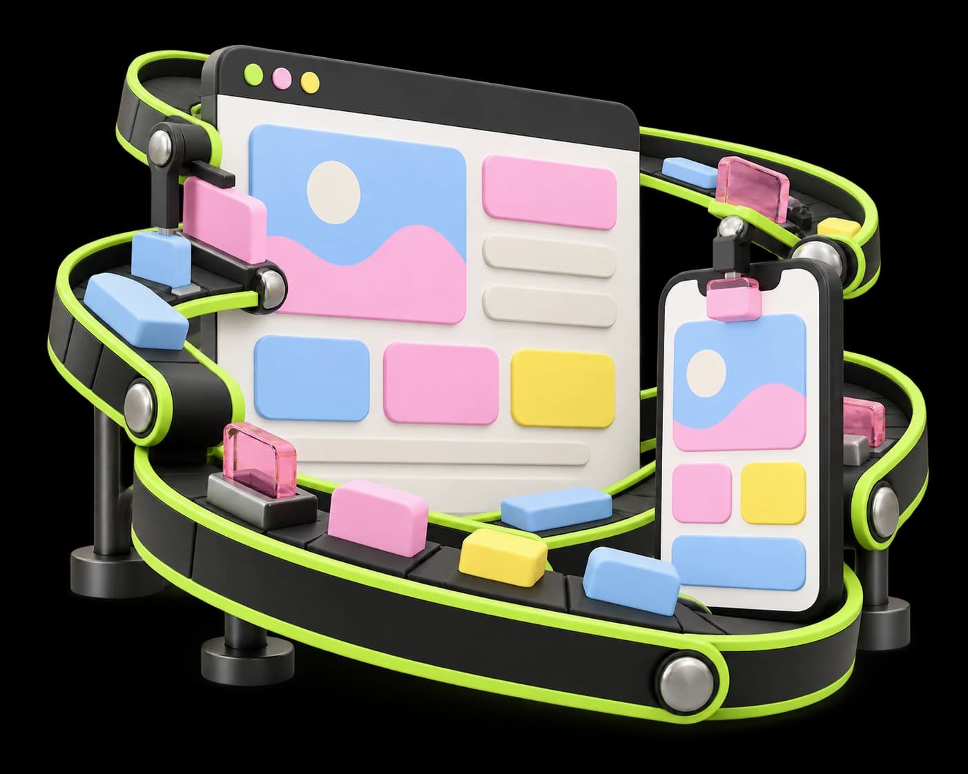 Concept illustration of websites and a phone app being assembled around a continuous lime-green conveyor loop.