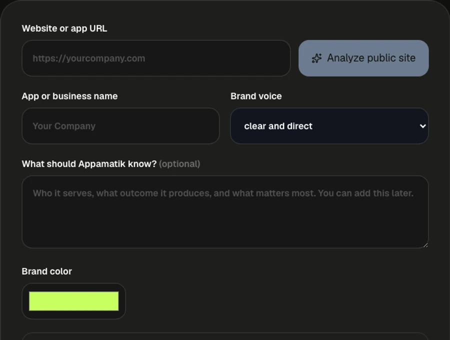 Appamatik website setup form with fields for a website address, business name, brand voice, and business details.